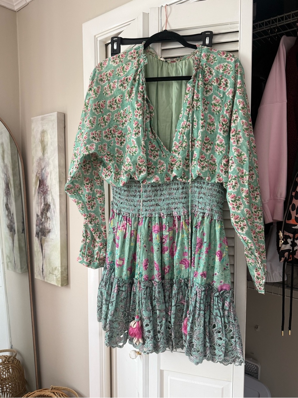 HEMANT & NANDITA Mint Green Floral Smocked Mini Dress with Pink Accents